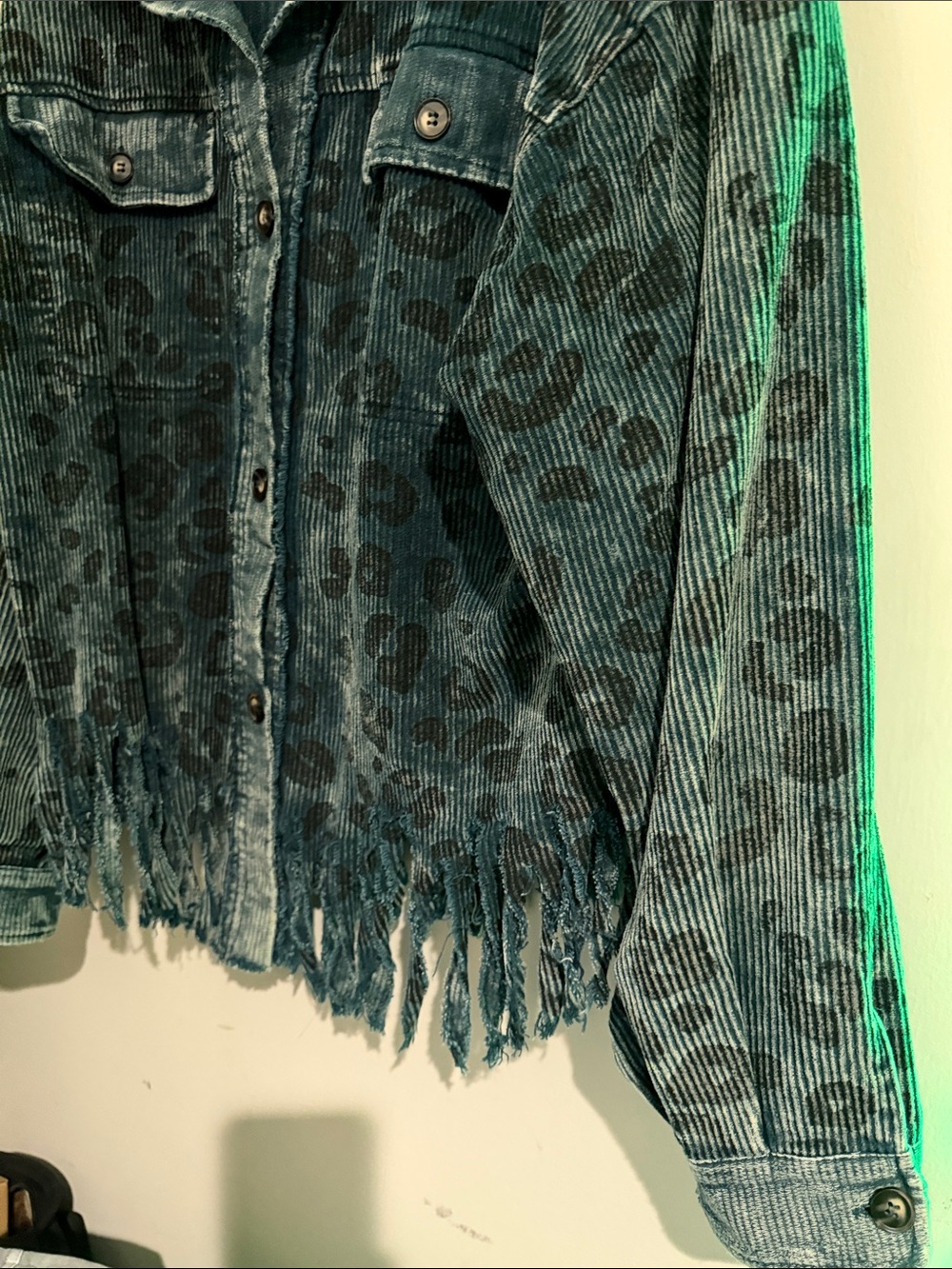 BiBi Blue Corduroy Leopard-Print Fringe Jacket - Picture 4 of 11